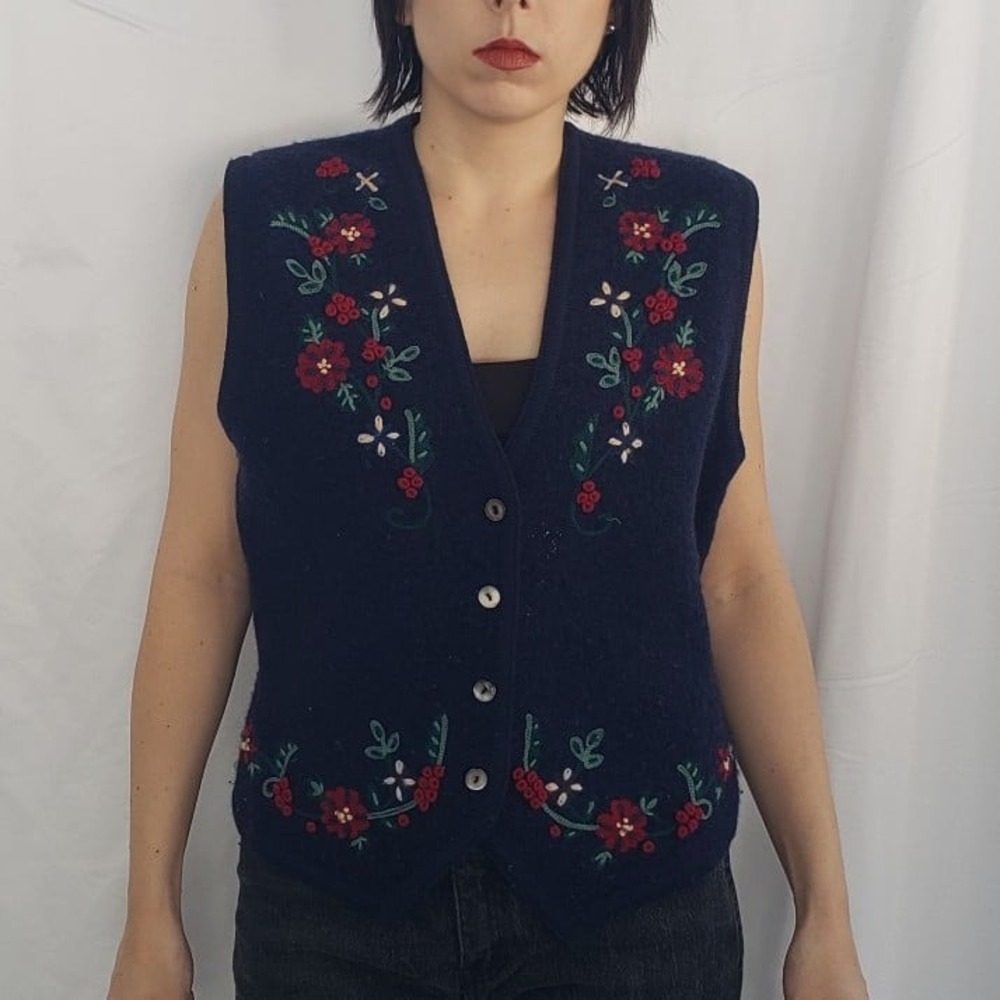 Talbots Blue Wool Embroidered Sweater Vest‎